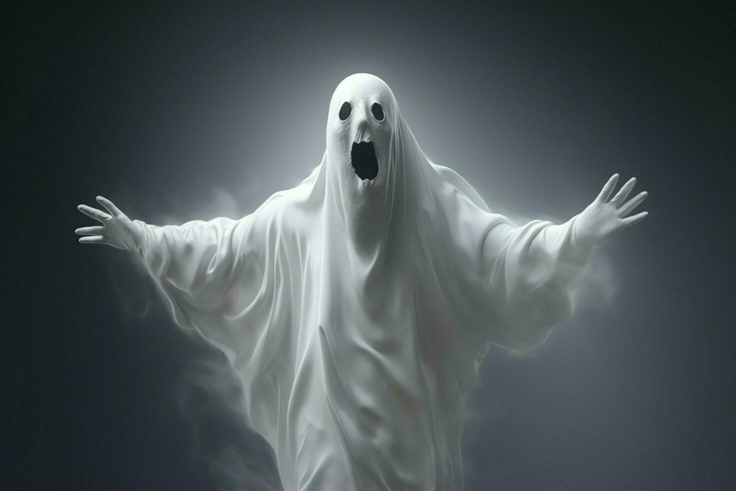 Human in spooky ghosts costume flying inside the old house at night. Spooky halloween background with ghost. Ghost on halloween celebration concept by AI generated photo