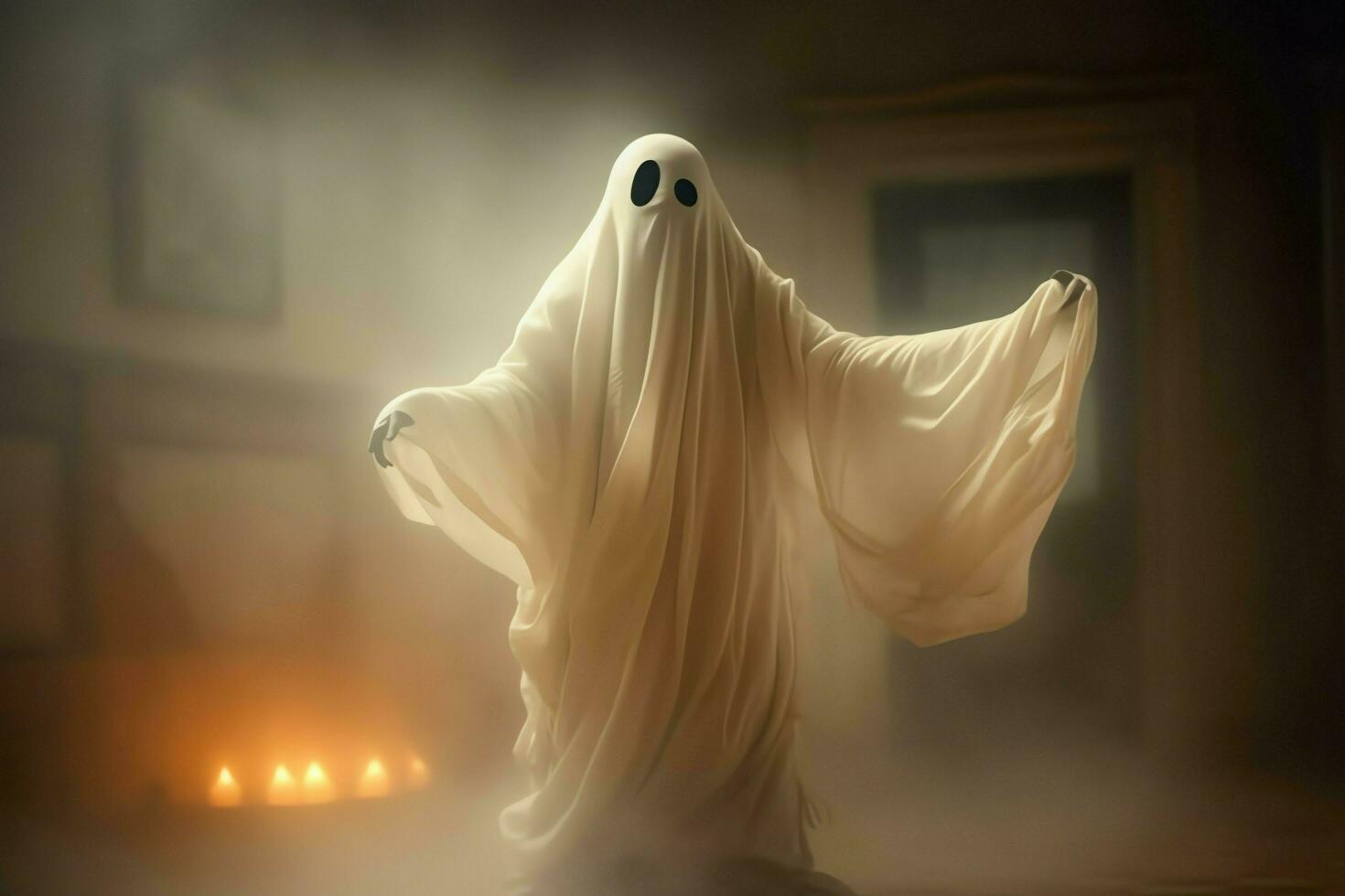 Human in spooky ghosts costume flying inside the old house at night. Spooky halloween background with ghost. Ghost on halloween celebration concept by AI generated photo