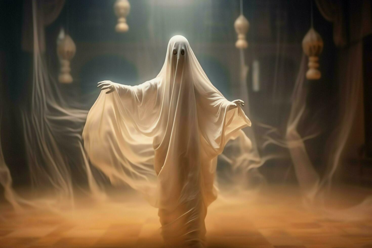 Human in spooky ghosts costume flying inside the old house at night. Spooky halloween background with ghost. Ghost on halloween celebration concept by AI generated photo