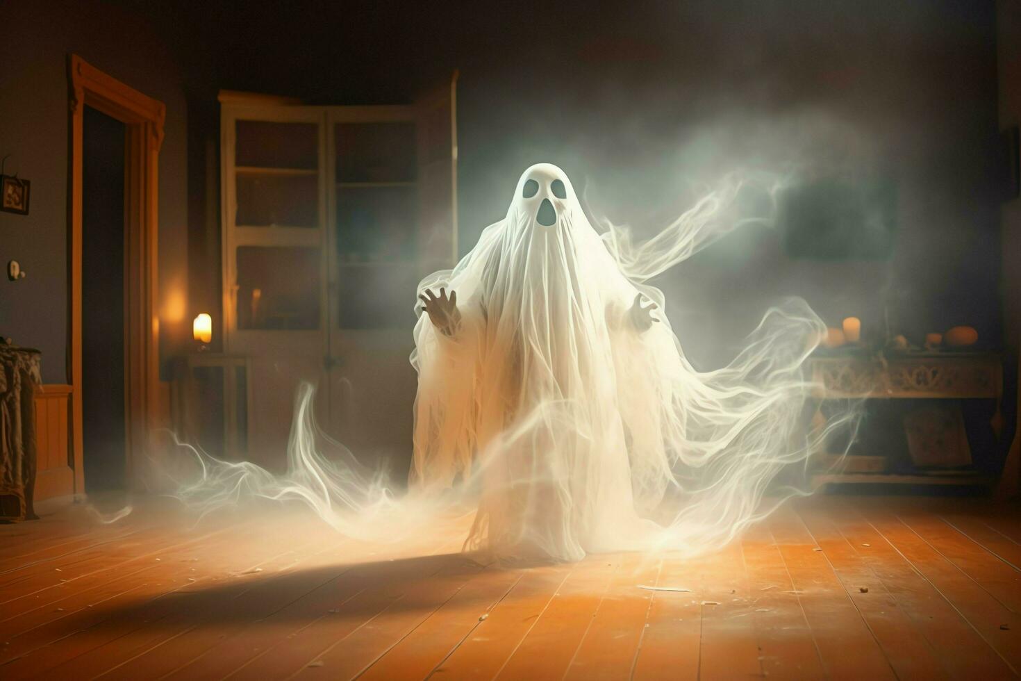 Human in spooky ghosts costume flying inside the old house at night. Spooky halloween background with ghost. Ghost on halloween celebration concept by AI generated photo