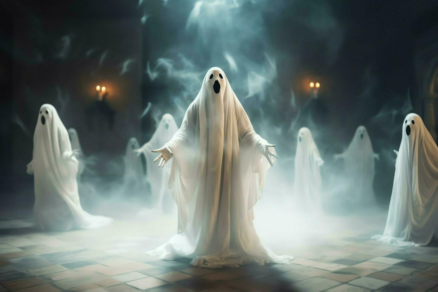 Human in spooky ghosts costume flying inside the old house at night. Spooky halloween background with ghost. Ghost on halloween celebration concept by AI generated photo