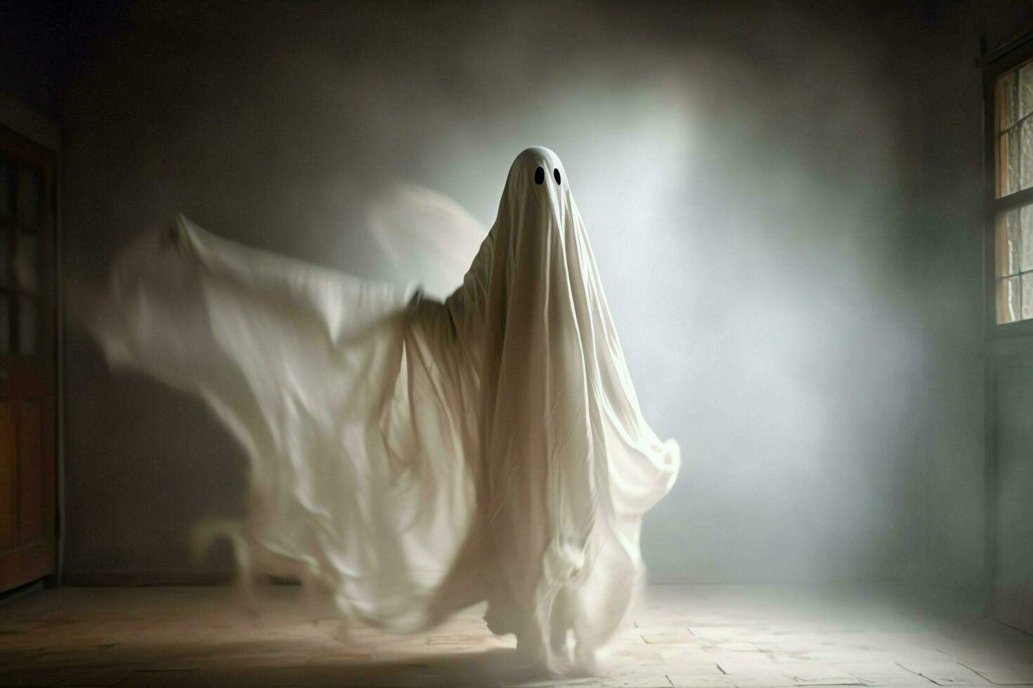 Human in spooky ghosts costume flying inside the old house at night. Spooky halloween background with ghost. Ghost on halloween celebration concept by AI generated photo