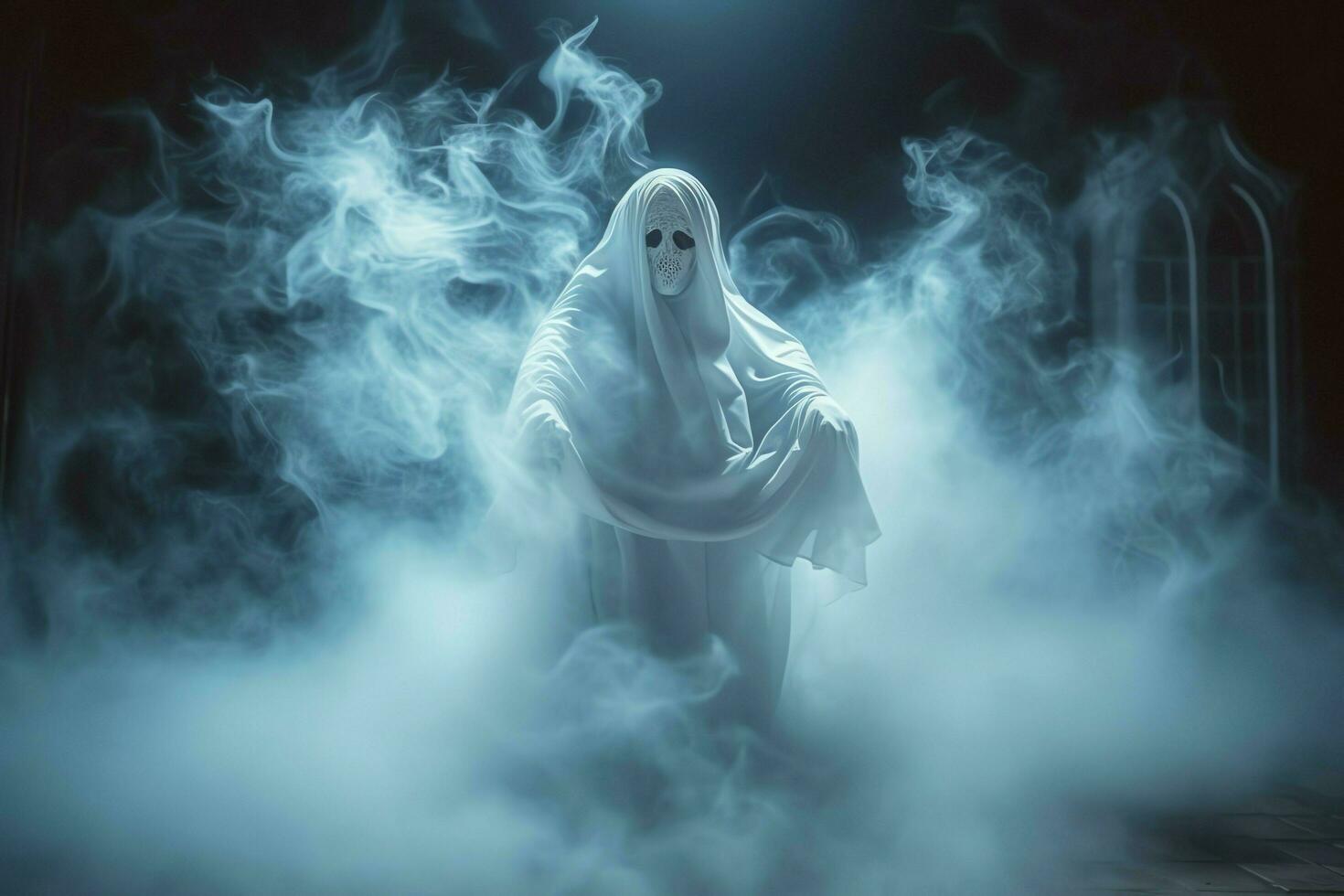 Human in spooky ghosts costume flying inside the old house at night. Spooky halloween background with ghost. Ghost on halloween celebration concept by AI generated photo