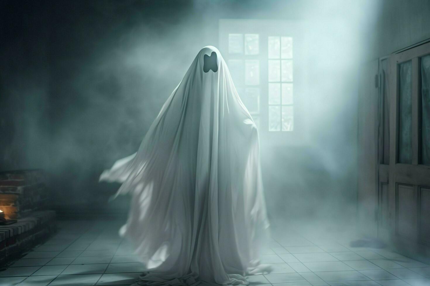 Human in spooky ghosts costume flying inside the old house at night. Spooky halloween background with ghost. Ghost on halloween celebration concept by AI generated photo