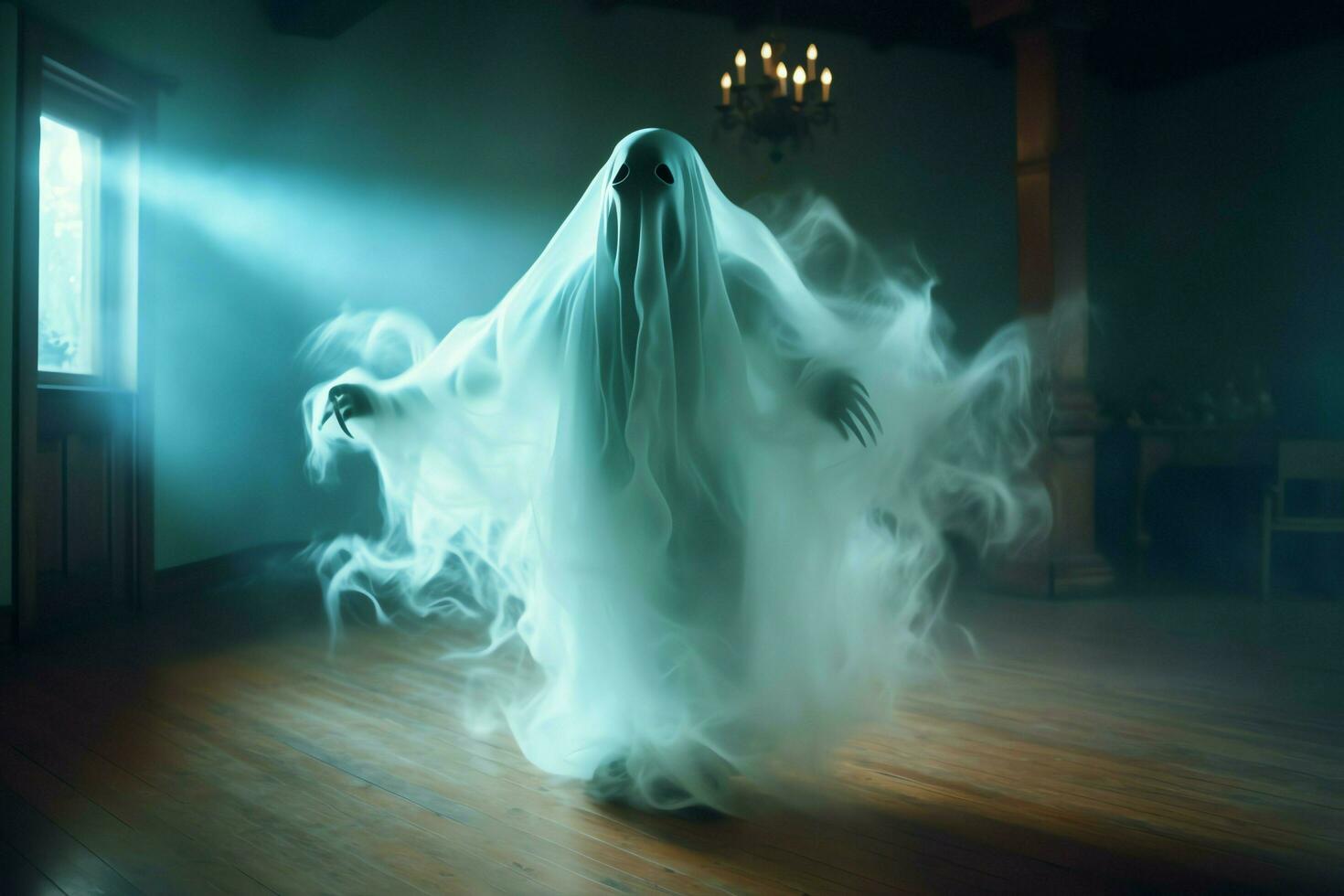 Human in spooky ghosts costume flying inside the old house at night. Spooky halloween background with ghost. Ghost on halloween celebration concept by AI generated photo