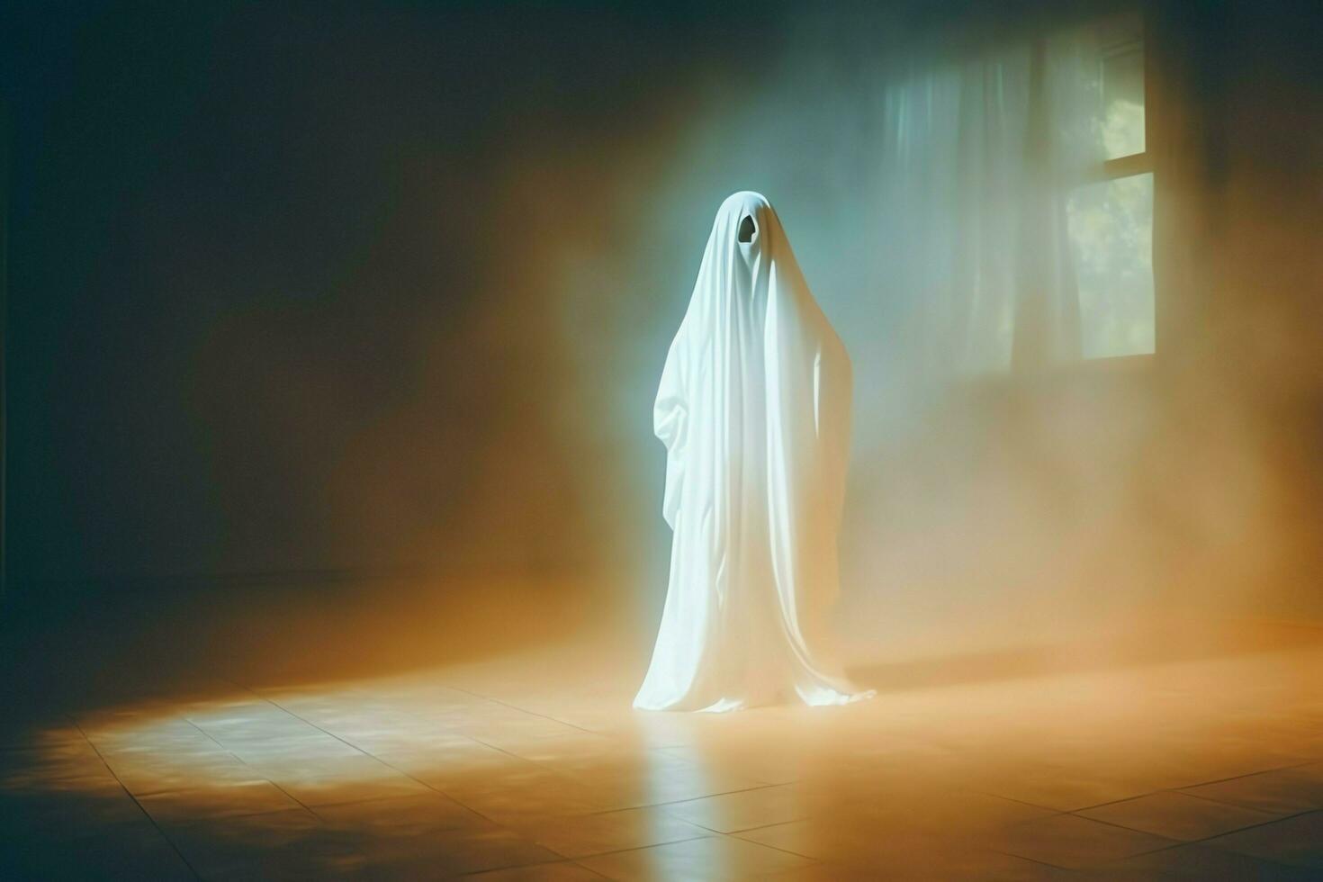 Human in spooky ghosts costume flying inside the old house at night. Spooky halloween background with ghost. Ghost on halloween celebration concept by AI generated photo