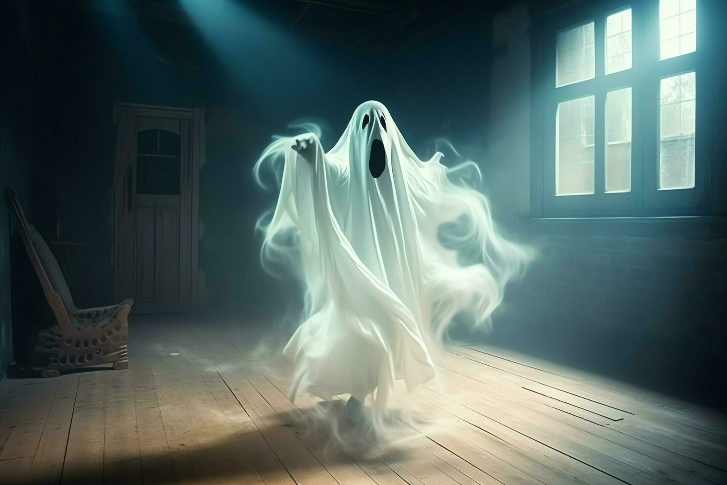 Human in spooky ghosts costume flying inside the old house at night. Spooky halloween background with ghost. Ghost on halloween celebration concept by AI generated photo