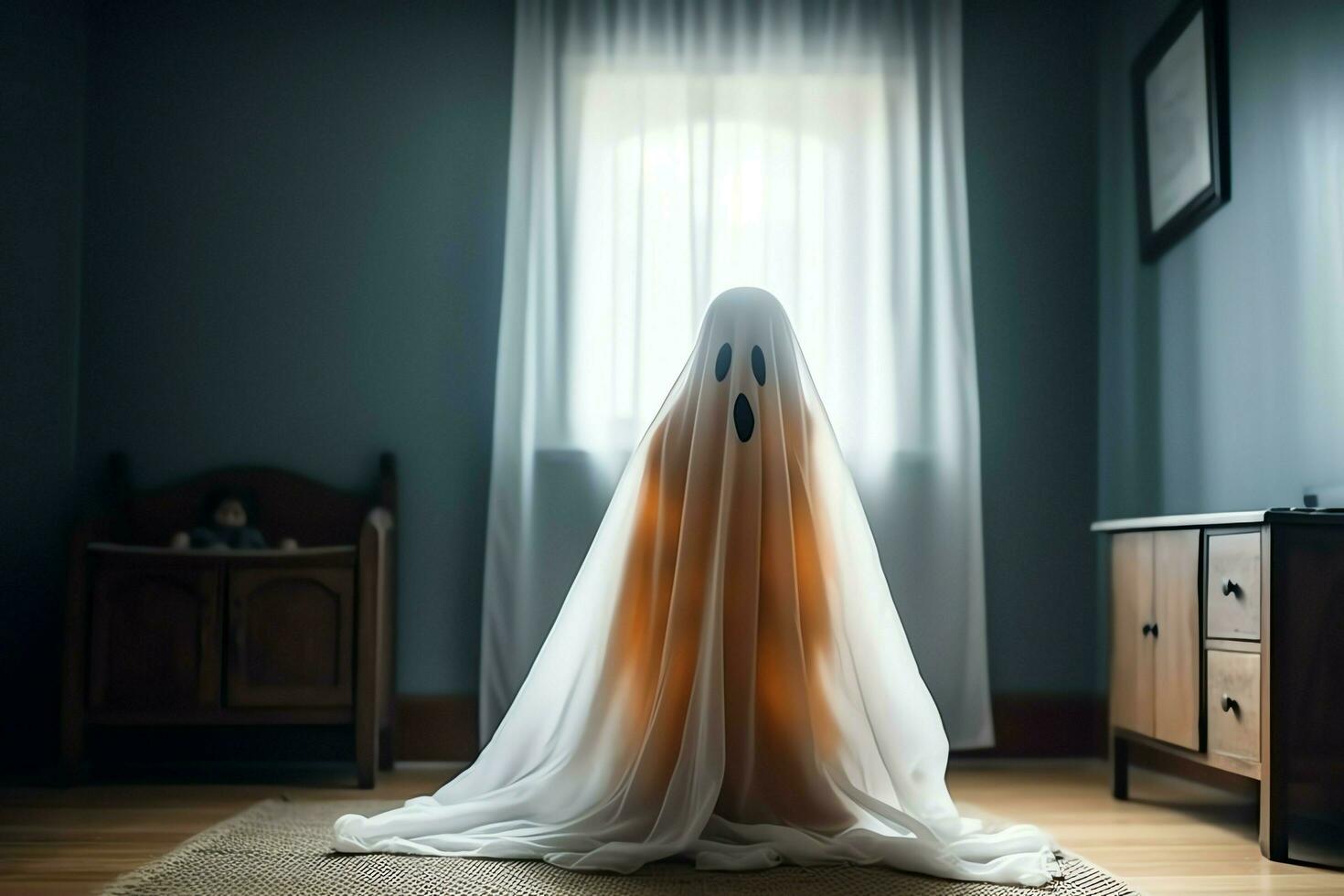 Human in spooky ghosts costume flying inside the old house at night. Spooky halloween background with ghost. Ghost on halloween celebration concept by AI generated photo