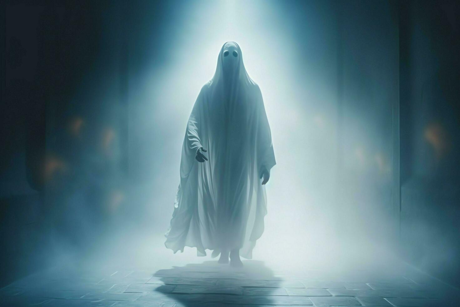 Human in spooky ghosts costume flying inside the old house at night. Spooky halloween background with ghost. Ghost on halloween celebration concept by AI generated photo