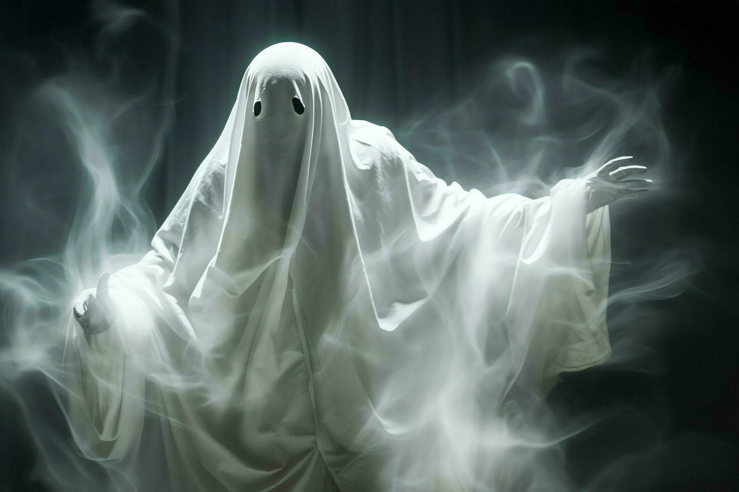 Human in spooky ghosts costume flying inside the old house at night. Spooky halloween background with ghost. Ghost on halloween celebration concept by AI generated photo