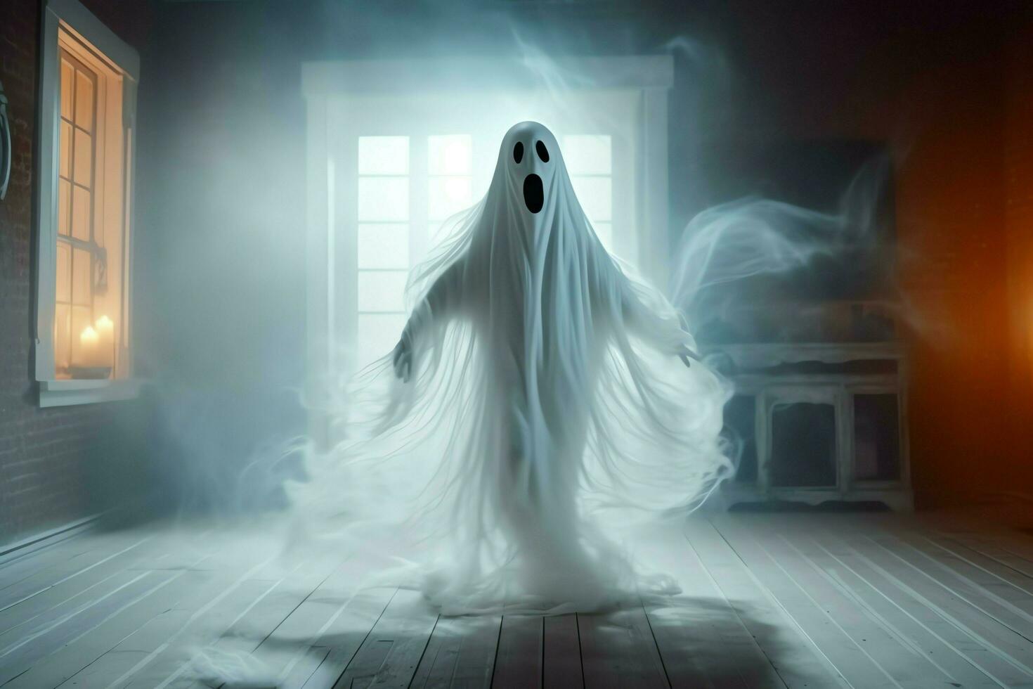 Human in spooky ghosts costume flying inside the old house at night. Spooky halloween background with ghost. Ghost on halloween celebration concept by AI generated photo