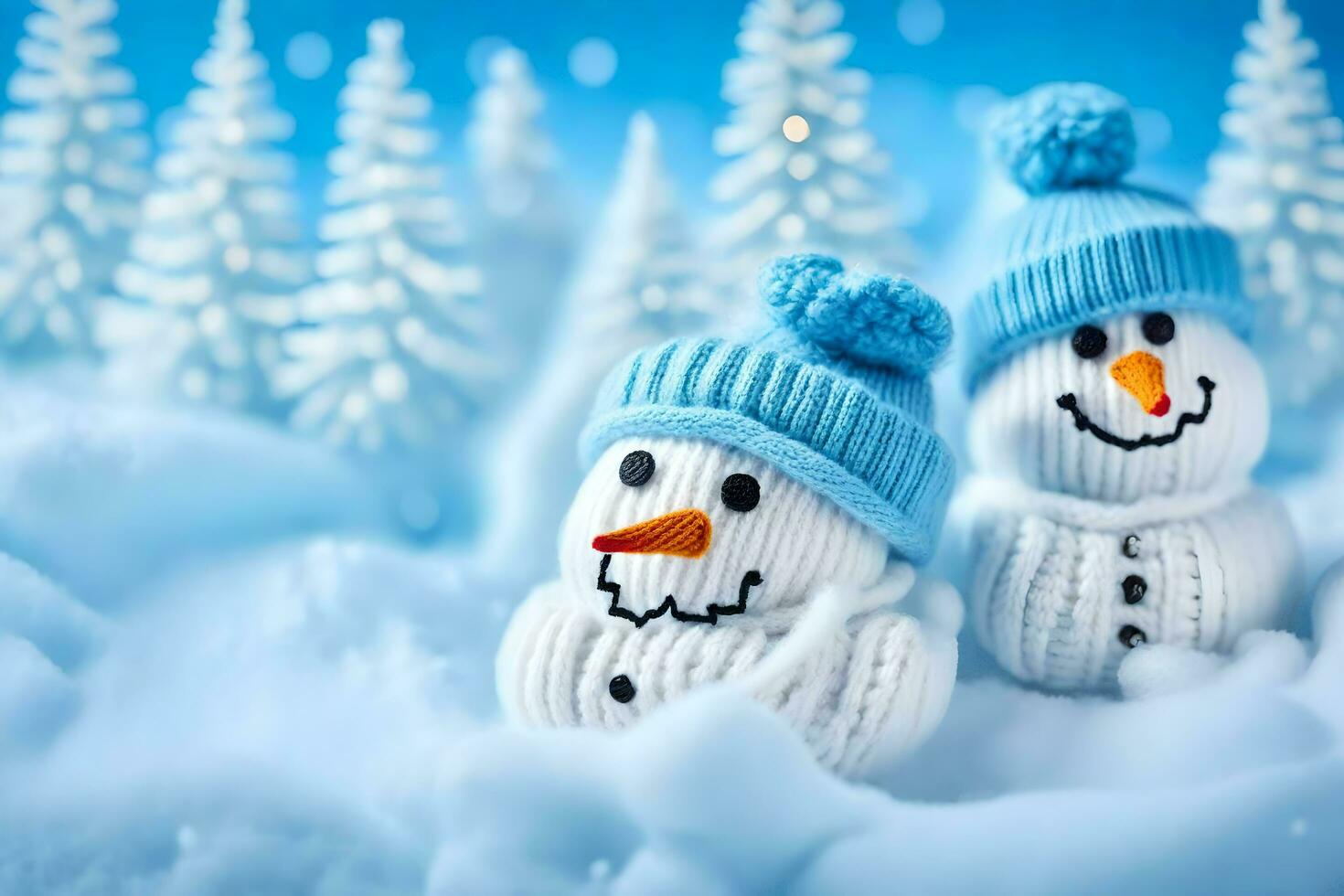 two snowmen wearing hats and wearing blue knitted hats. AI-Generated photo