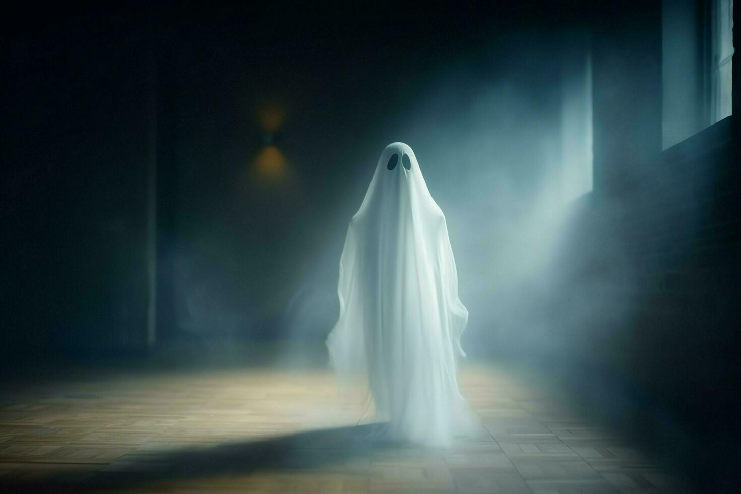 Human in spooky ghosts costume flying inside the old house at night. Spooky halloween background with ghost. Ghost on halloween celebration concept by AI generated photo