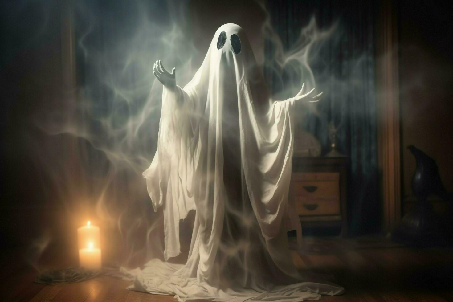 Human in spooky ghosts costume flying inside the old house at night. Spooky halloween background with ghost. Ghost on halloween celebration concept by AI generated photo