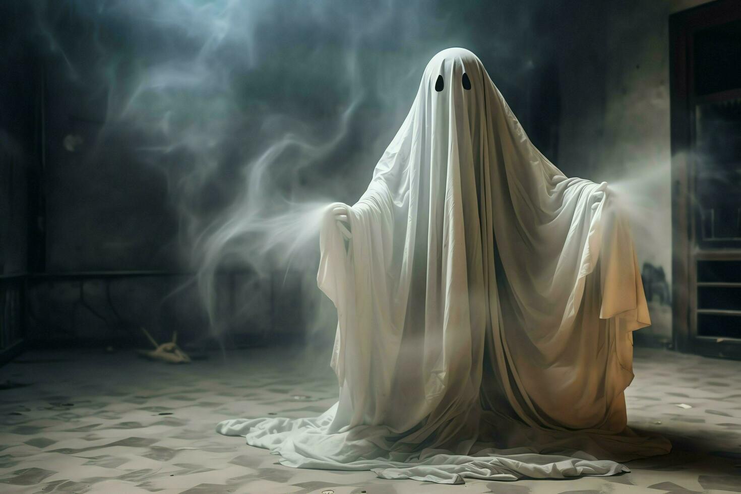 Human in spooky ghosts costume flying inside the old house at night. Spooky halloween background with ghost. Ghost on halloween celebration concept by AI generated photo