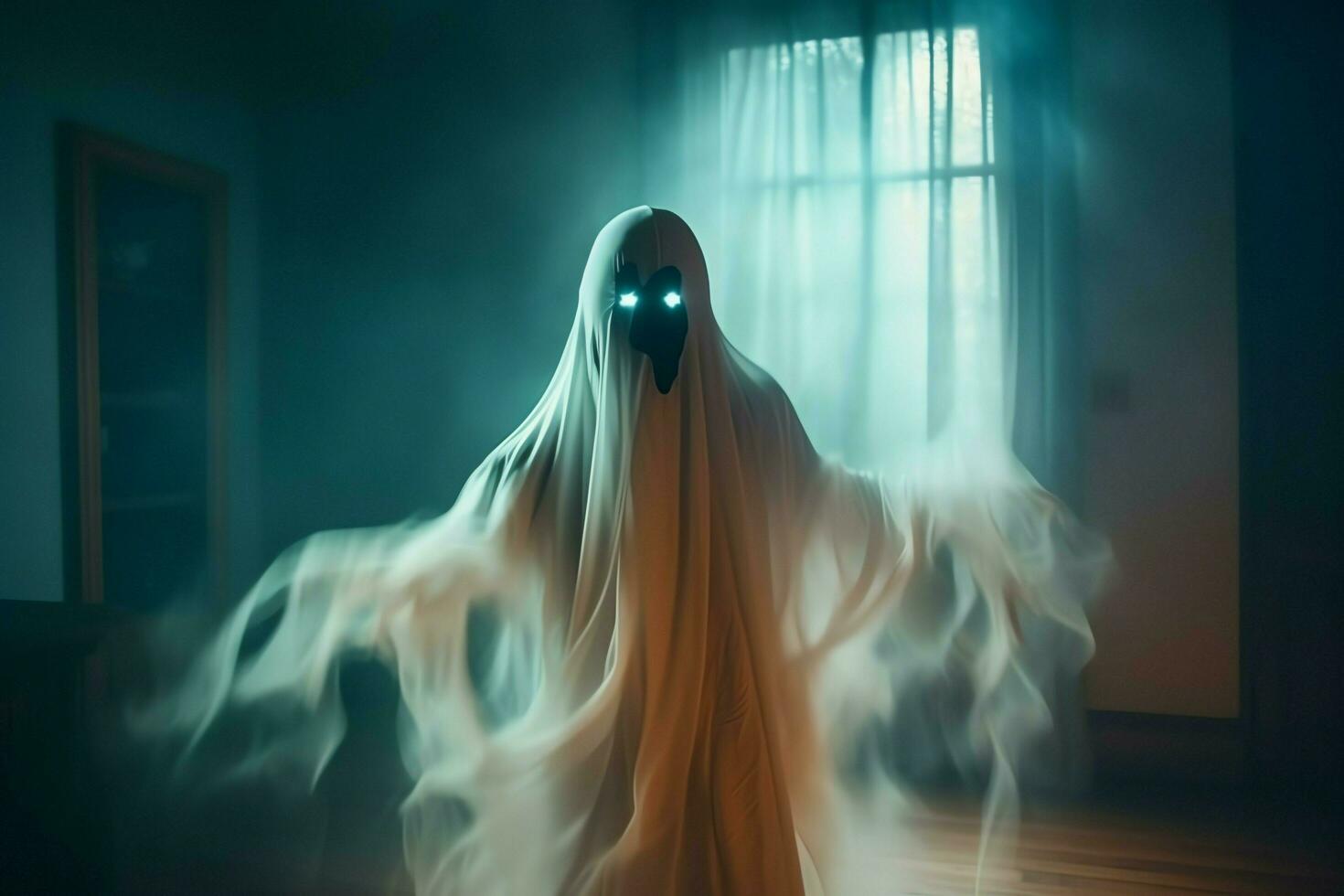 Human in spooky ghosts costume flying inside the old house at night. Spooky halloween background with ghost. Ghost on halloween celebration concept by AI generated photo