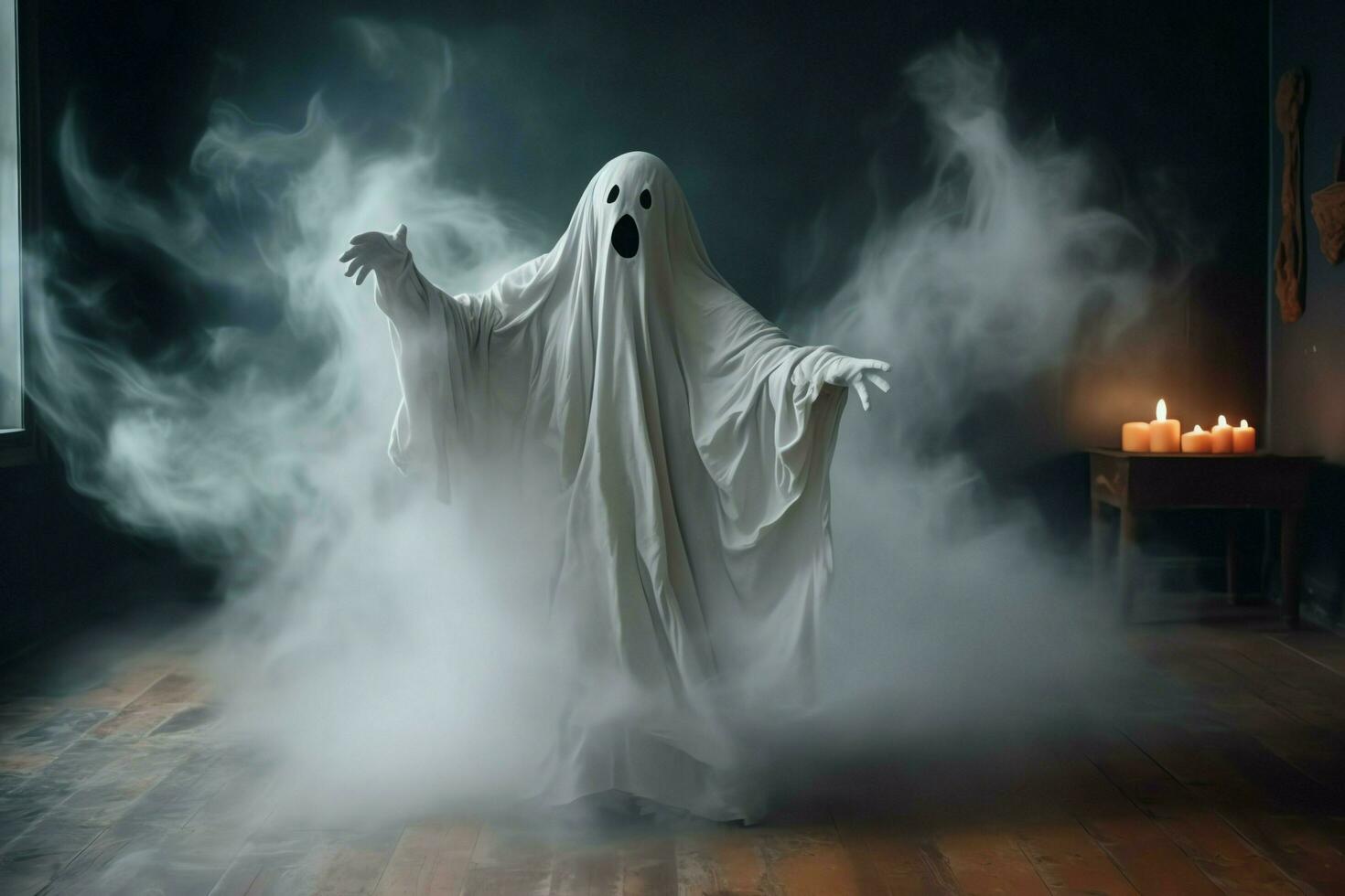 Human in spooky ghosts costume flying inside the old house at night. Spooky halloween background with ghost. Ghost on halloween celebration concept by AI generated photo