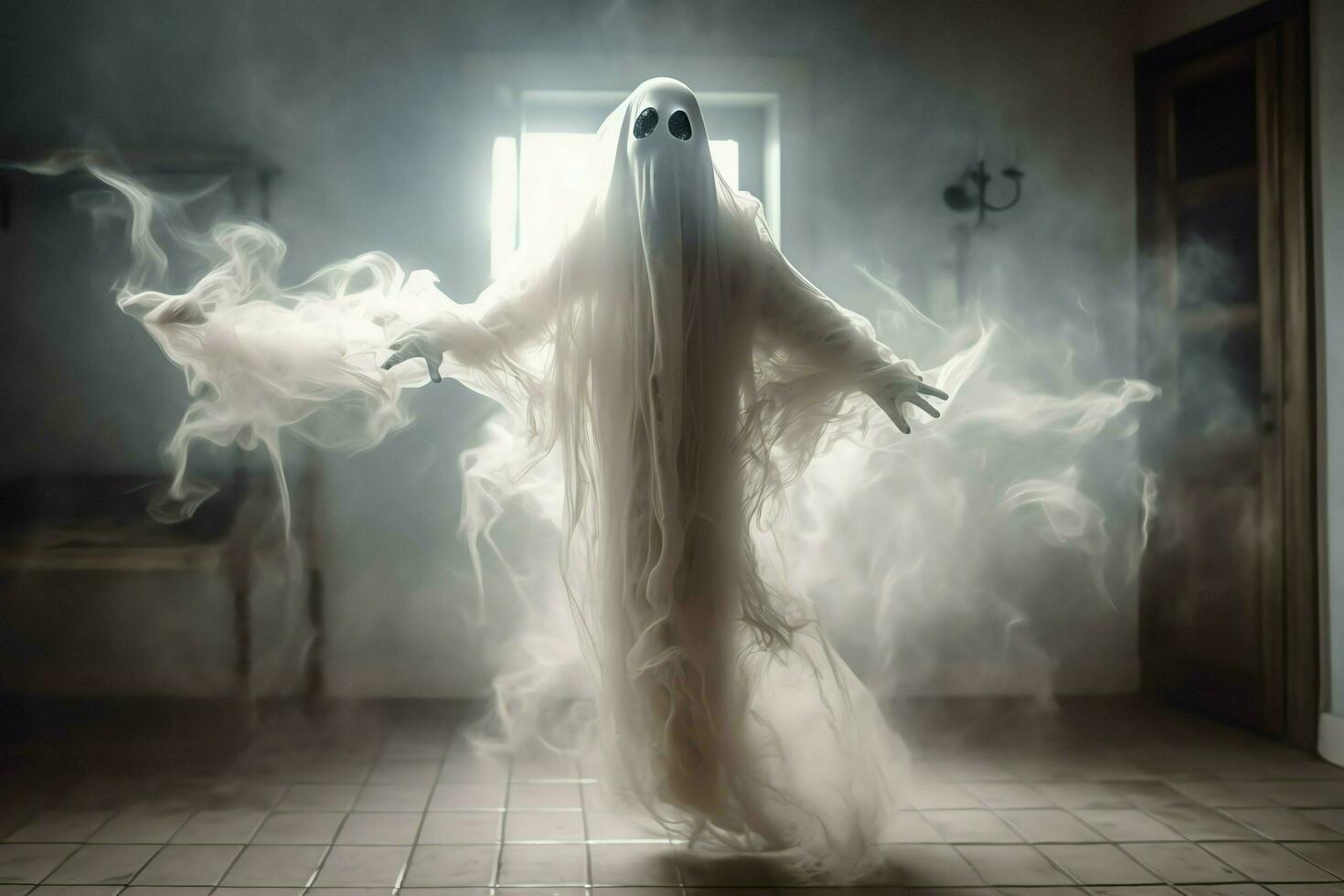 Human in spooky ghosts costume flying inside the old house at night. Spooky halloween background with ghost. Ghost on halloween celebration concept by AI generated photo