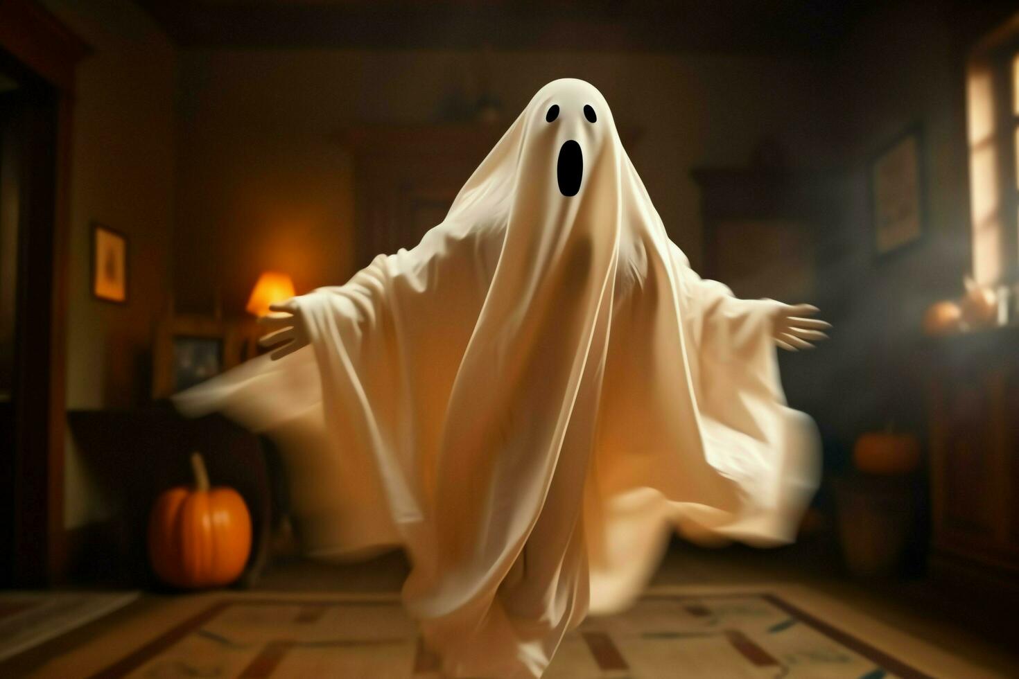 Human in spooky ghosts costume flying inside the old house at night. Spooky halloween background with ghost. Ghost on halloween celebration concept by AI generated photo