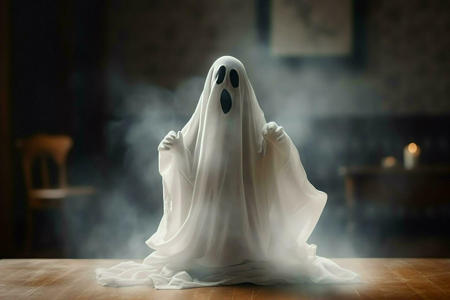 Human in spooky ghosts costume flying inside the old house at night. Spooky halloween background with ghost. Ghost on halloween celebration concept by AI generated photo