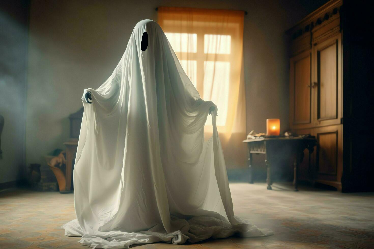 Human in spooky ghosts costume flying inside the old house at night. Spooky halloween background with ghost. Ghost on halloween celebration concept by AI generated photo