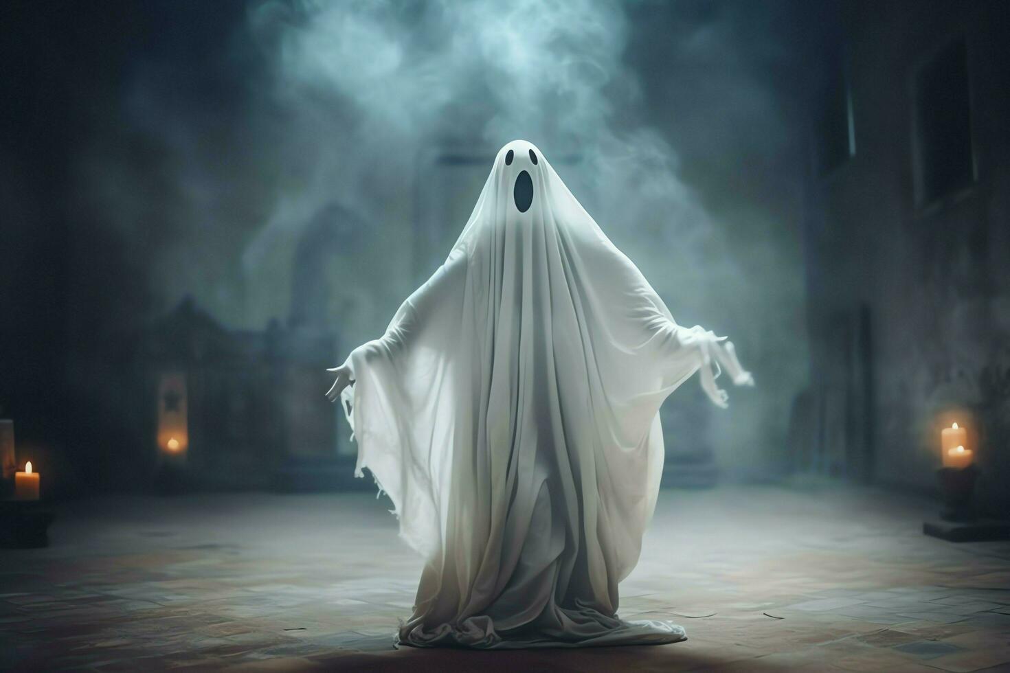 Human in spooky ghosts costume flying inside the old house at night. Spooky halloween background with ghost. Ghost on halloween celebration concept by AI generated photo