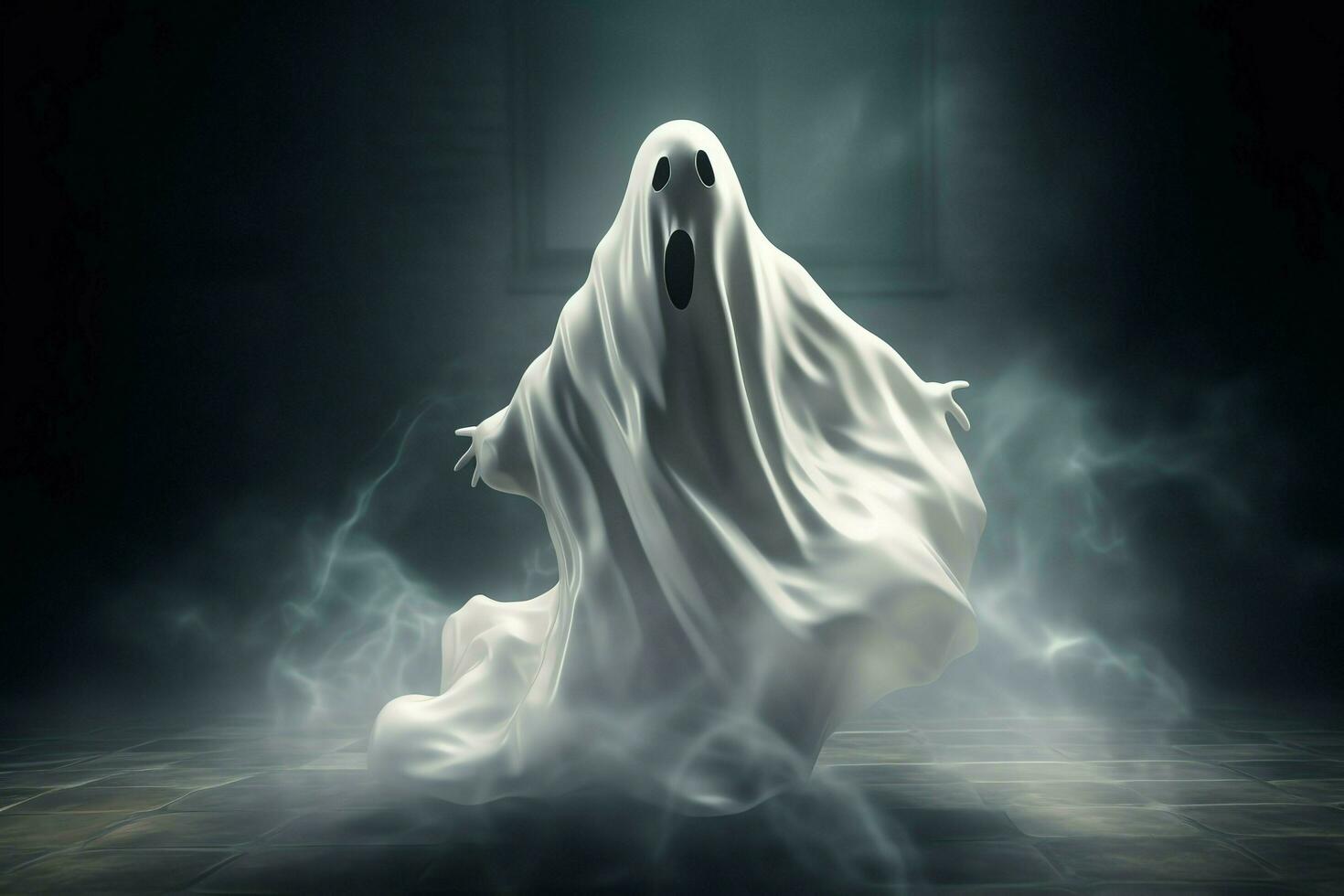 Human in spooky ghosts costume flying inside the old house at night. Spooky halloween background with ghost. Ghost on halloween celebration concept by AI generated photo