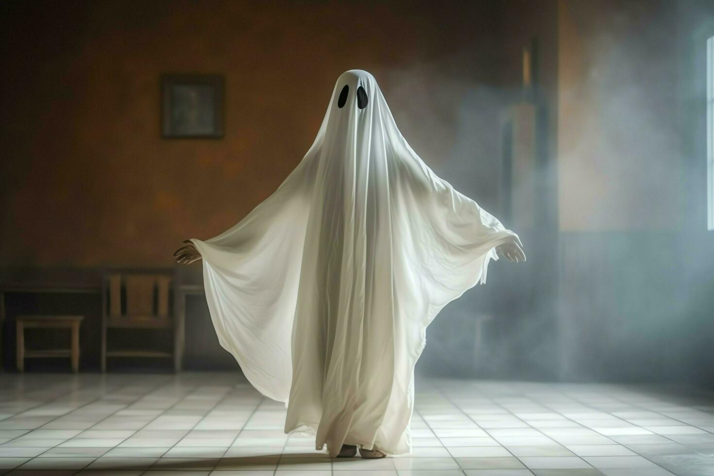 Human in spooky ghosts costume flying inside the old house at night. Spooky halloween background with ghost. Ghost on halloween celebration concept by AI generated photo