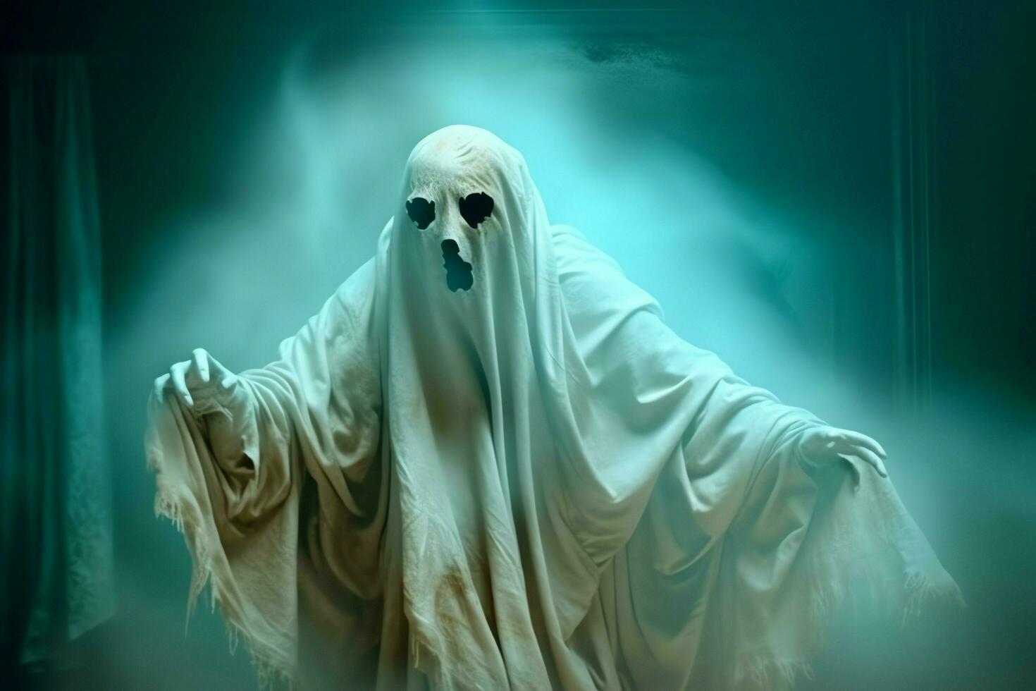 Human in spooky ghosts costume flying inside the old house at night. Spooky halloween background with ghost. Ghost on halloween celebration concept by AI generated photo