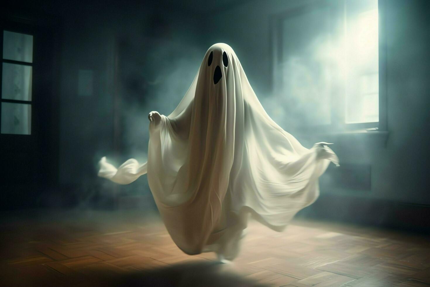 Human in spooky ghosts costume flying inside the old house at night. Spooky halloween background with ghost. Ghost on halloween celebration concept by AI generated photo