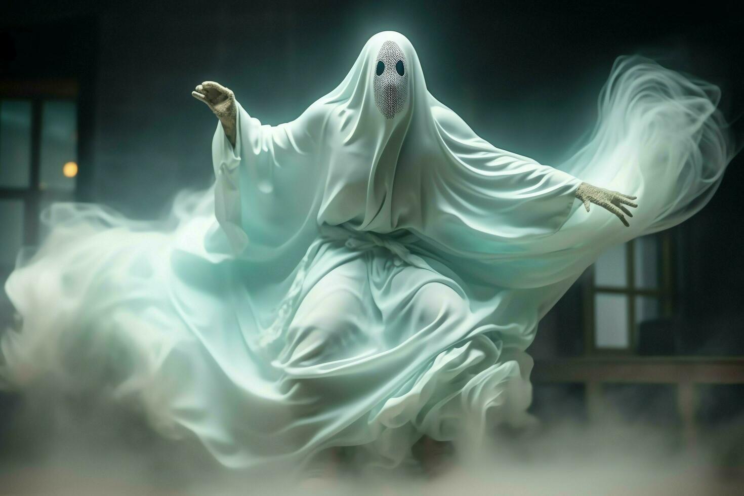 Human in spooky ghosts costume flying inside the old house at night. Spooky halloween background with ghost. Ghost on halloween celebration concept by AI generated photo