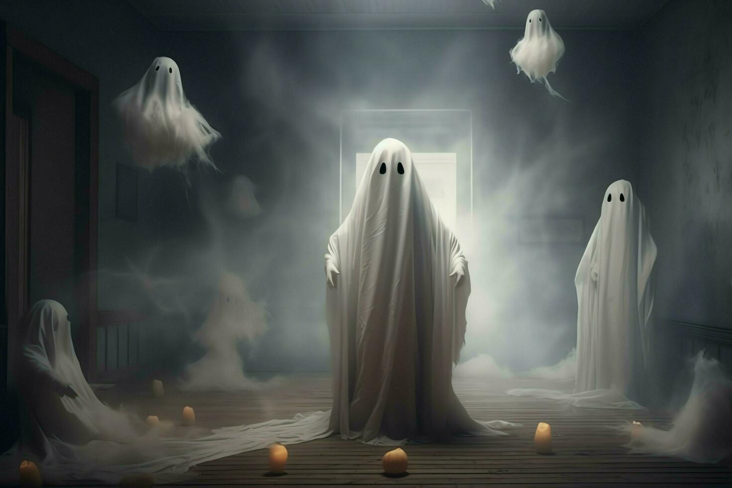 Human in spooky ghosts costume flying inside the old house at night. Spooky halloween background with ghost. Ghost on halloween celebration concept by AI generated photo