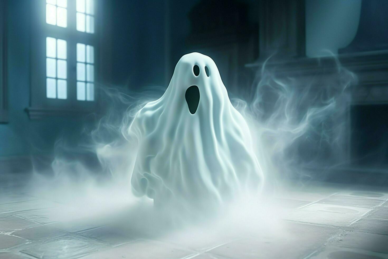 Human in spooky ghosts costume flying inside the old house at night. Spooky halloween background with ghost. Ghost on halloween celebration concept by AI generated photo