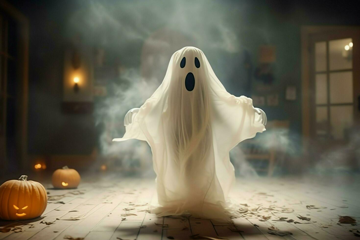 Human in spooky ghosts costume flying inside the old house at night. Spooky halloween background with ghost. Ghost on halloween celebration concept by AI generated photo