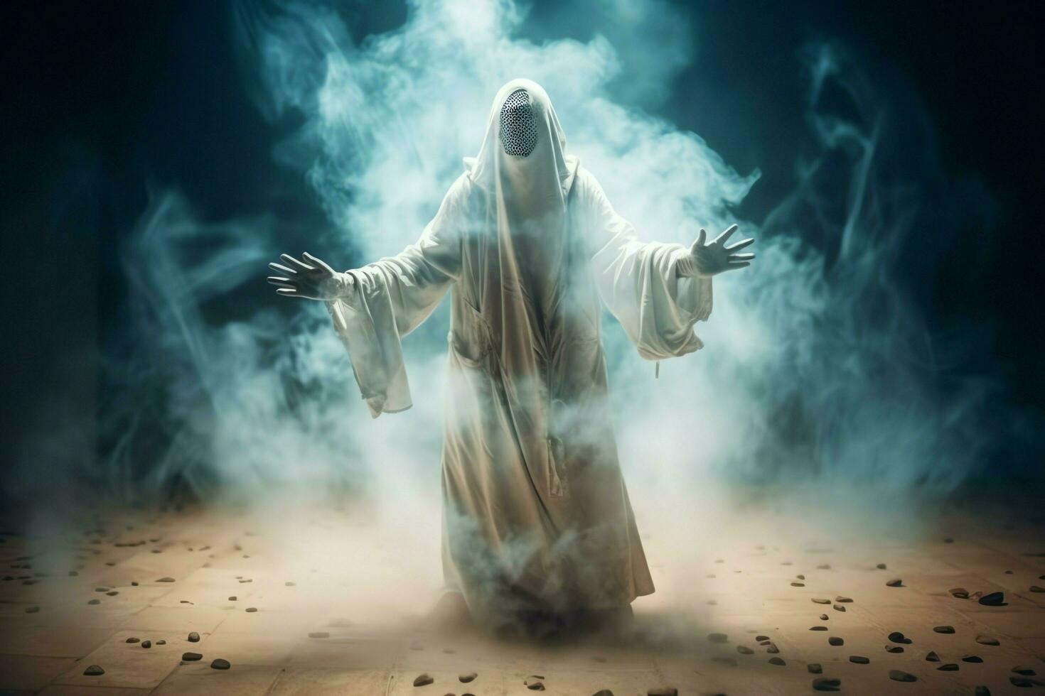 Human in spooky ghosts costume flying inside the old house at night. Spooky halloween background with ghost. Ghost on halloween celebration concept by AI generated photo
