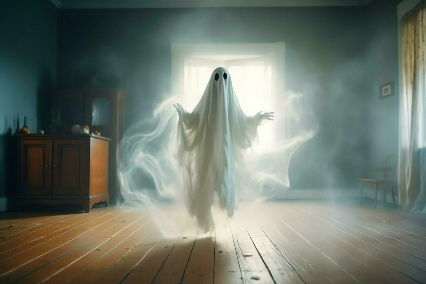 Human in spooky ghosts costume flying inside the old house at night. Spooky halloween background with ghost. Ghost on halloween celebration concept by AI generated photo