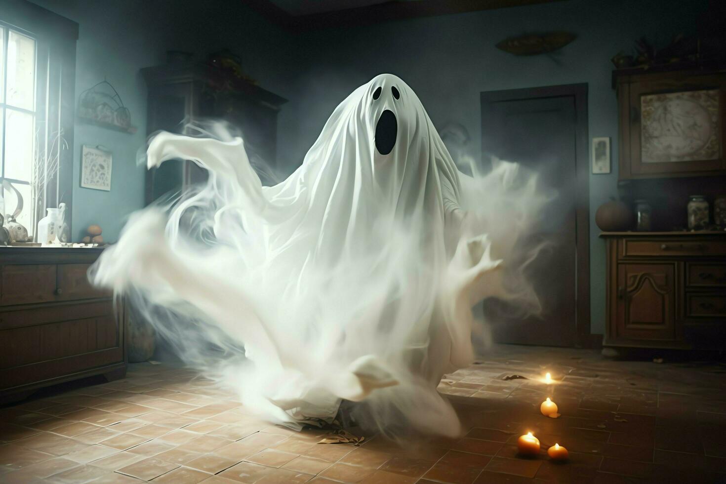 Human in spooky ghosts costume flying inside the old house at night. Spooky halloween background with ghost. Ghost on halloween celebration concept by AI generated photo