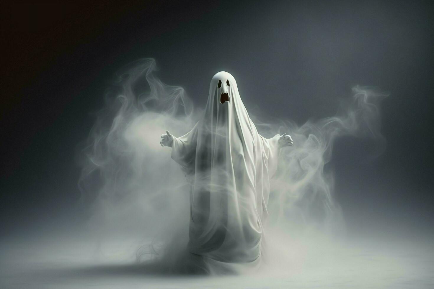 Human in spooky ghosts costume flying inside the old house at night. Spooky halloween background with ghost. Ghost on halloween celebration concept by AI generated photo