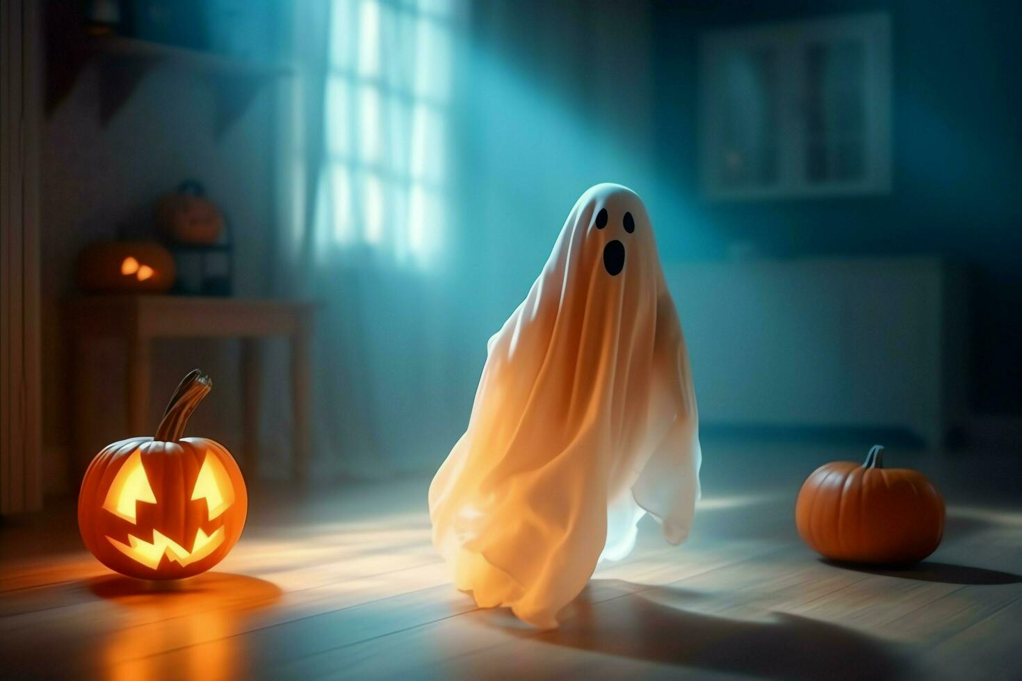 Human in spooky ghosts costume flying inside the old house at night. Spooky halloween background with ghost. Ghost on halloween celebration concept by AI generated photo