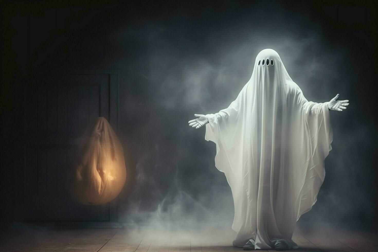 Human in spooky ghosts costume flying inside the old house at night. Spooky halloween background with ghost. Ghost on halloween celebration concept by AI generated photo