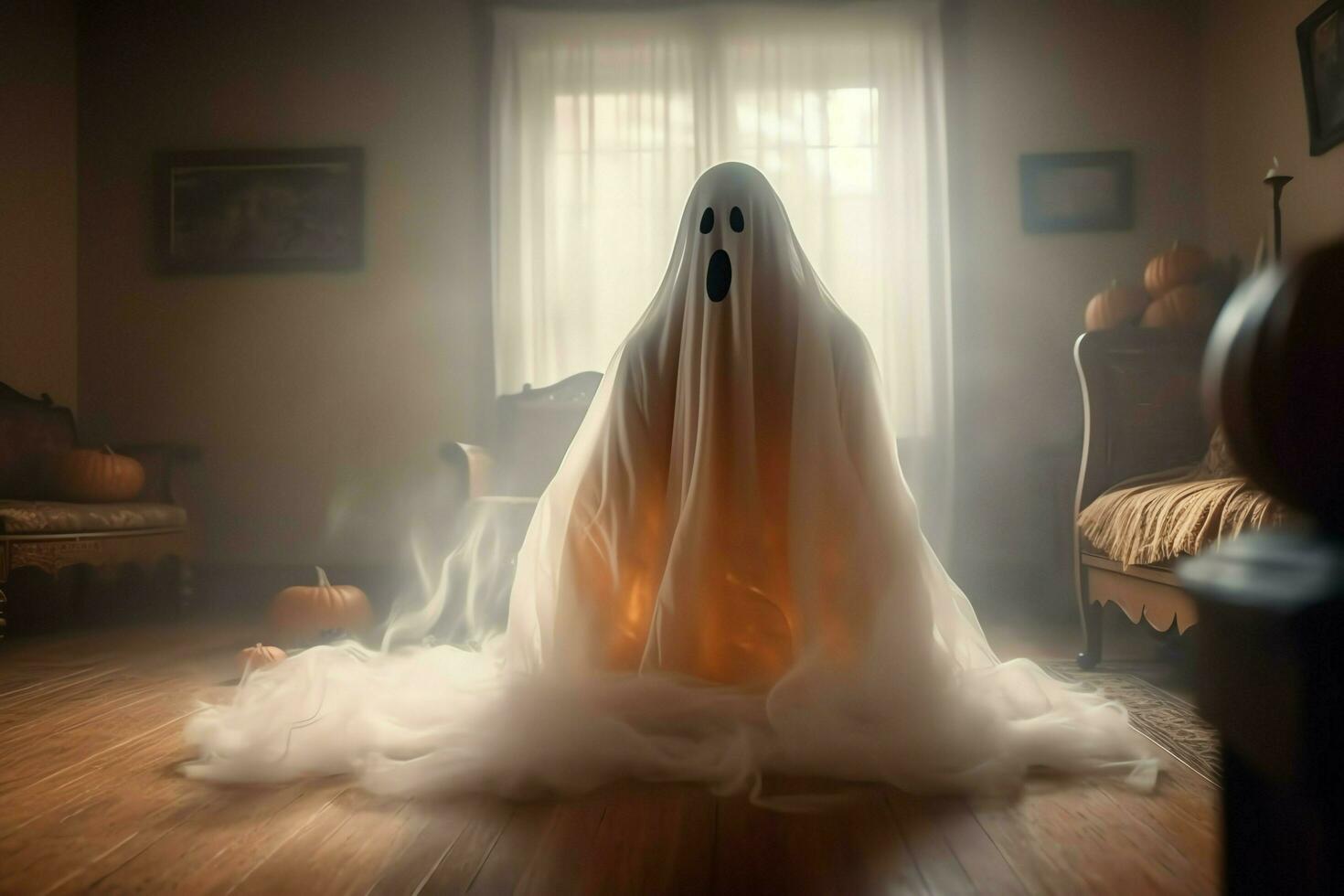 Human in spooky ghosts costume flying inside the old house at night. Spooky halloween background with ghost. Ghost on halloween celebration concept by AI generated photo