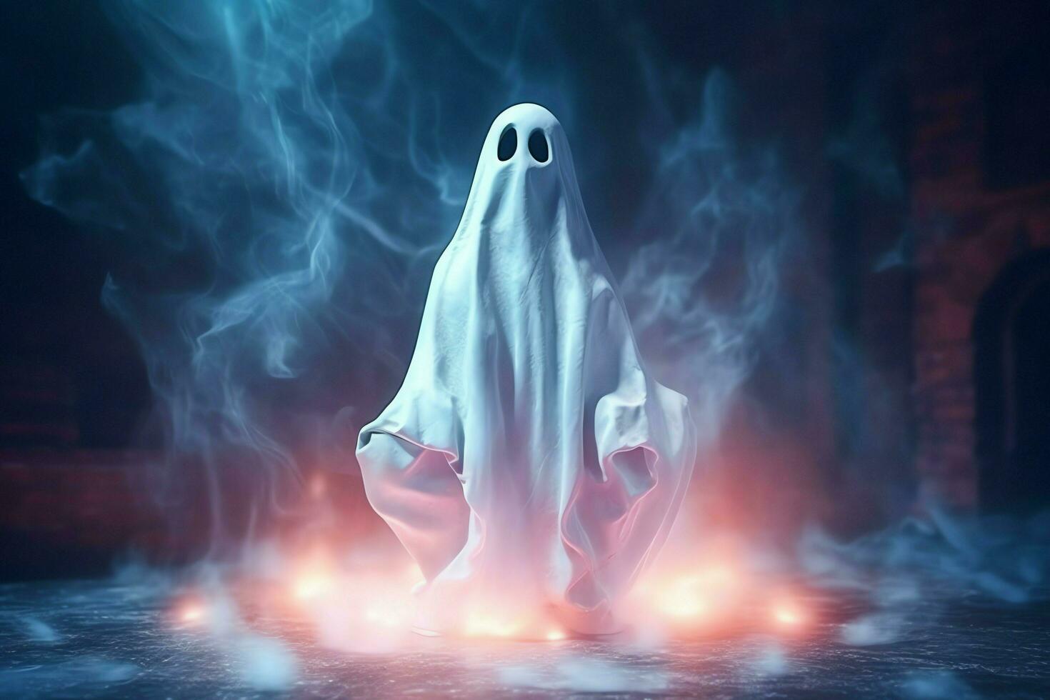 Human in spooky ghosts costume flying inside the old house at night. Spooky halloween background with ghost. Ghost on halloween celebration concept by AI generated photo