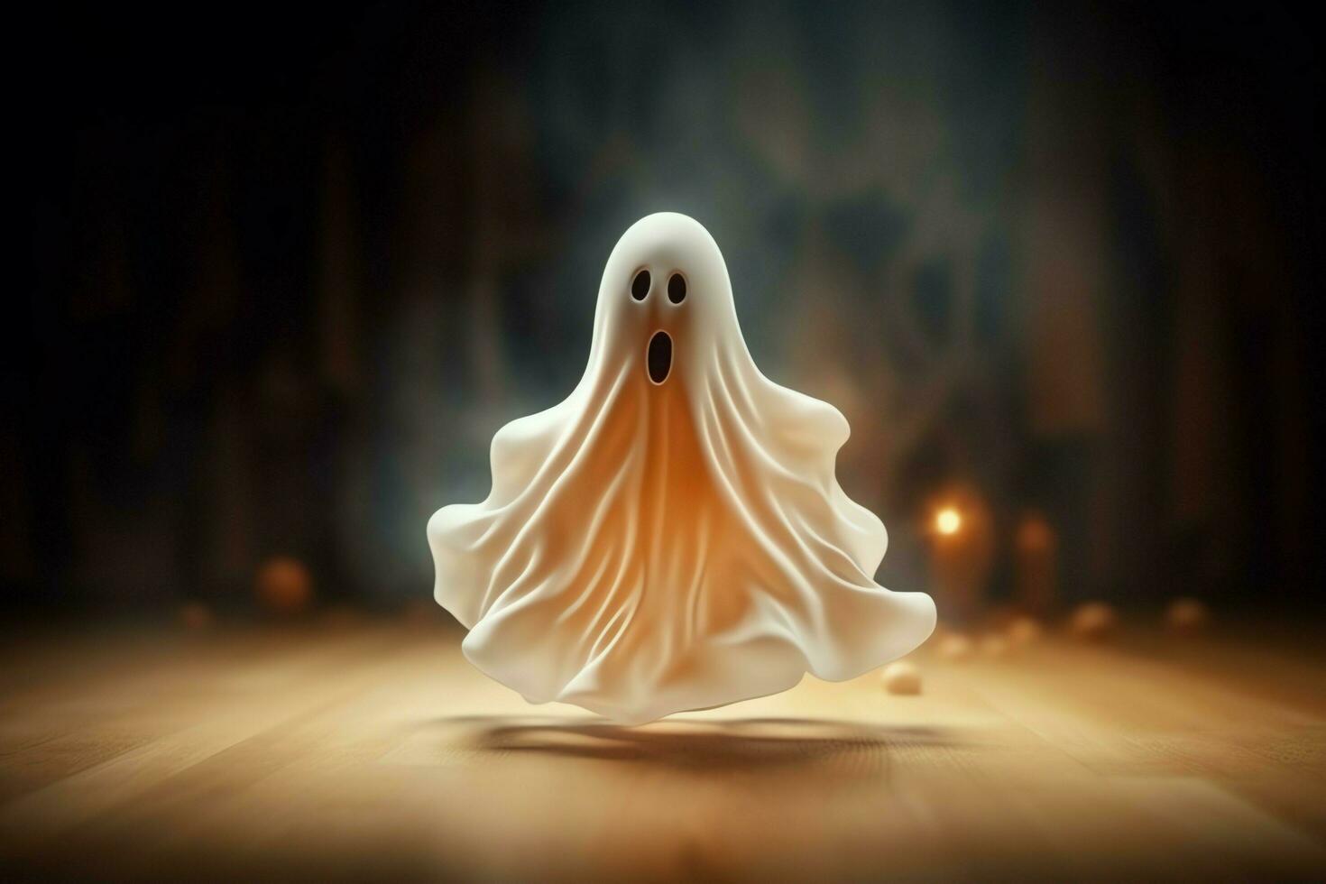 Human in spooky ghosts costume flying inside the old house at night. Spooky halloween background with ghost. Ghost on halloween celebration concept by AI generated photo