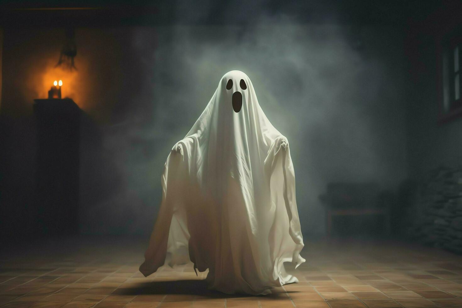 Human in spooky ghosts costume flying inside the old house at night. Spooky halloween background with ghost. Ghost on halloween celebration concept by AI generated photo