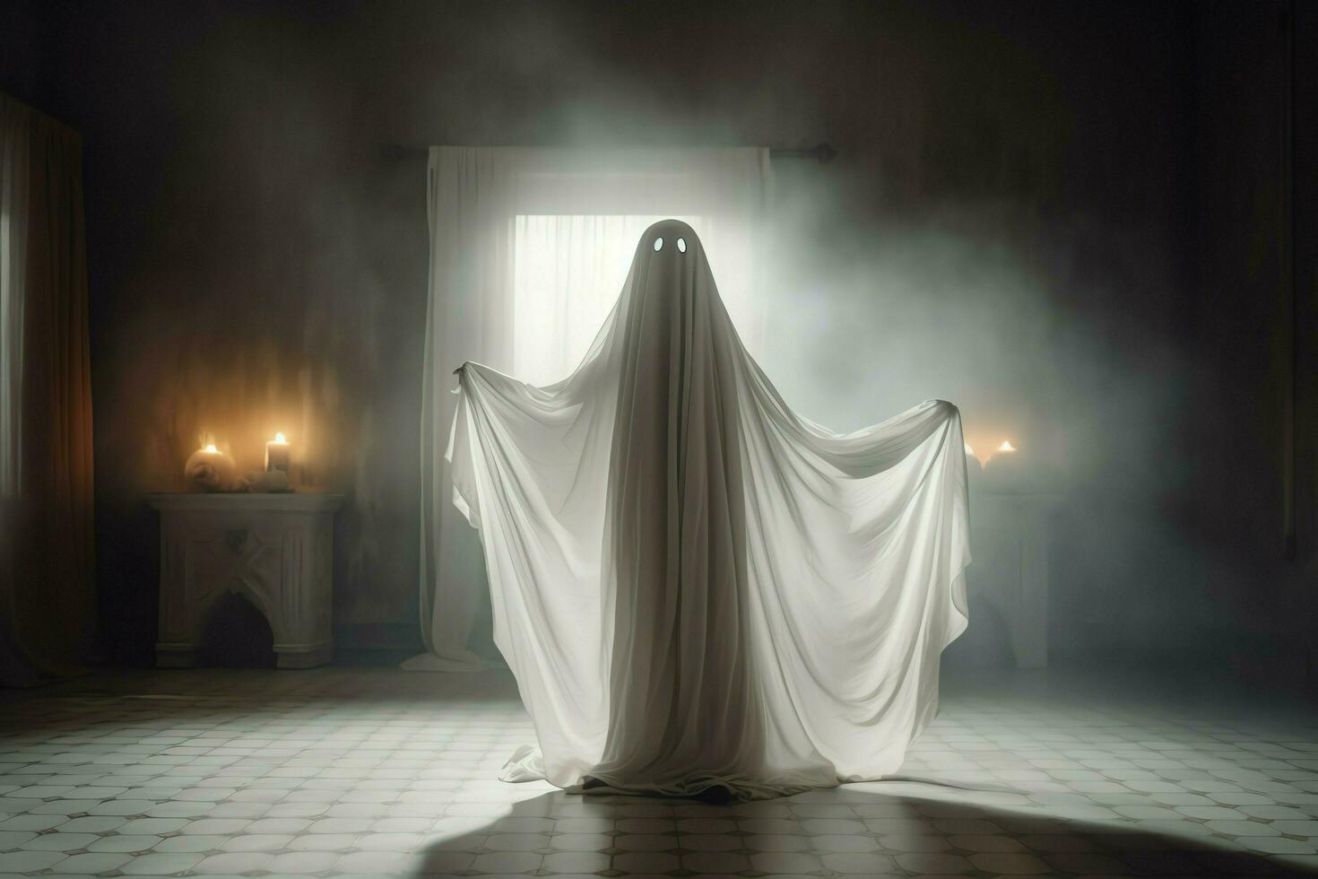 Human in spooky ghosts costume flying inside the old house at night. Spooky halloween background with ghost. Ghost on halloween celebration concept by AI generated photo