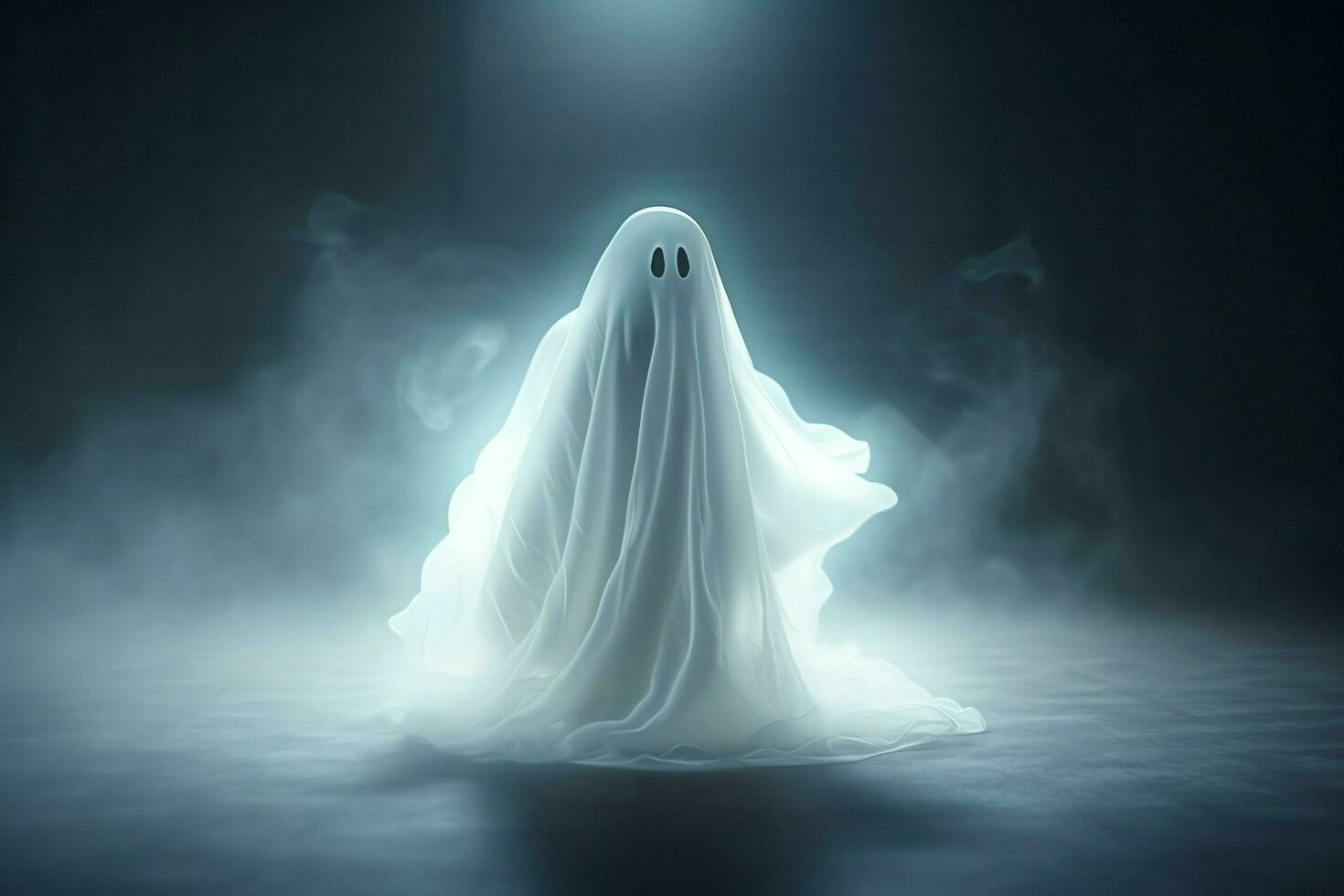 Human in spooky ghosts costume flying inside the old house at night. Spooky halloween background with ghost. Ghost on halloween celebration concept by AI generated photo