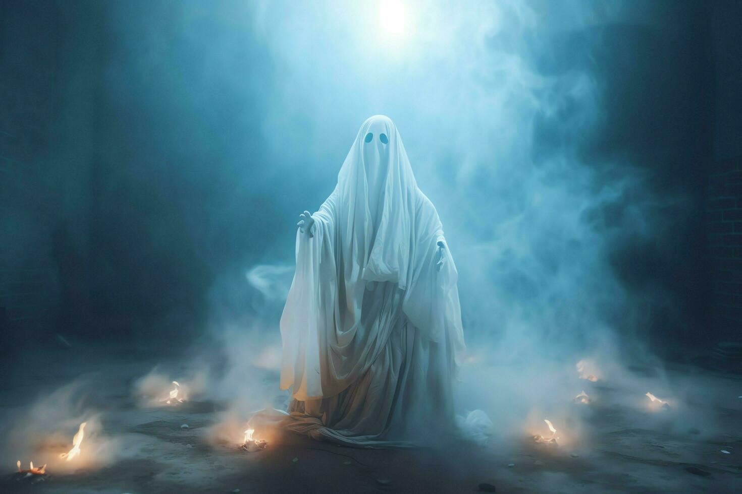 Human in spooky ghosts costume flying inside the old house at night. Spooky halloween background with ghost. Ghost on halloween celebration concept by AI generated photo