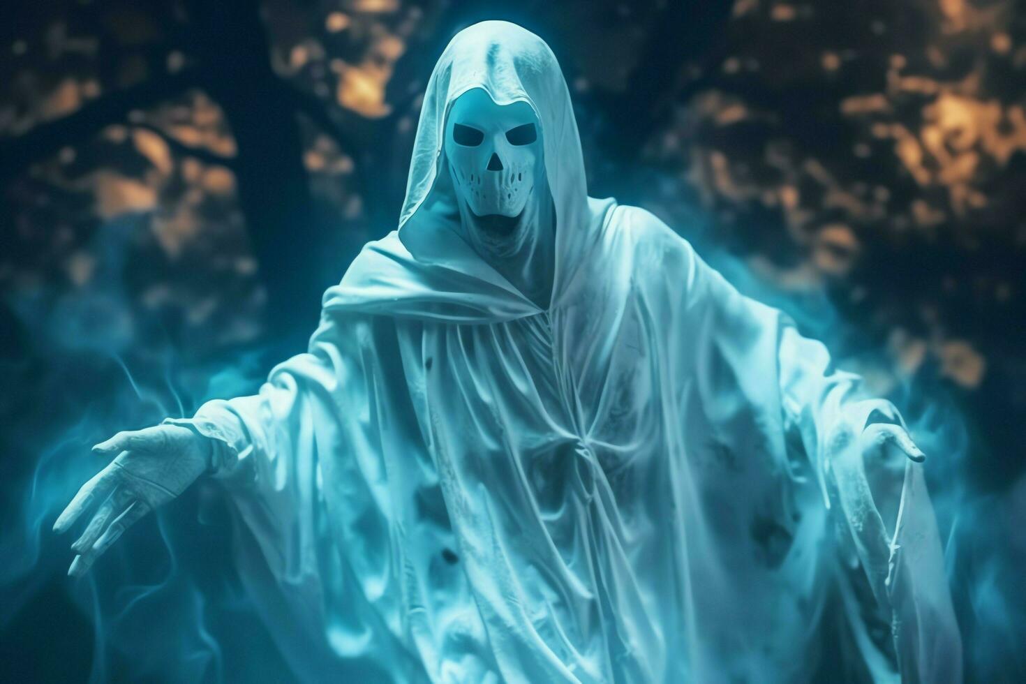 Human in spooky ghosts costume flying inside the old house at night. Spooky halloween background with ghost. Ghost on halloween celebration concept by AI generated photo