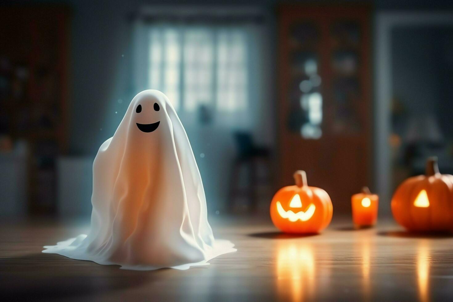 Human in spooky ghosts costume flying inside the old house at night. Spooky halloween background with ghost. Ghost on halloween celebration concept by AI generated photo