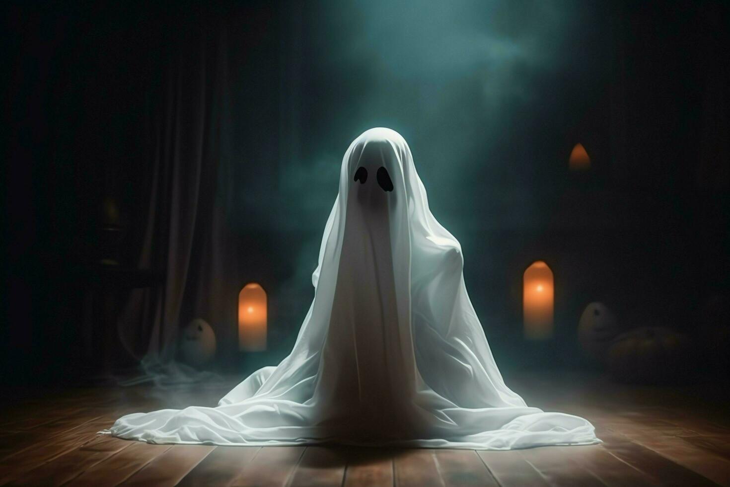 Human in spooky ghosts costume flying inside the old house at night. Spooky halloween background with ghost. Ghost on halloween celebration concept by AI generated photo